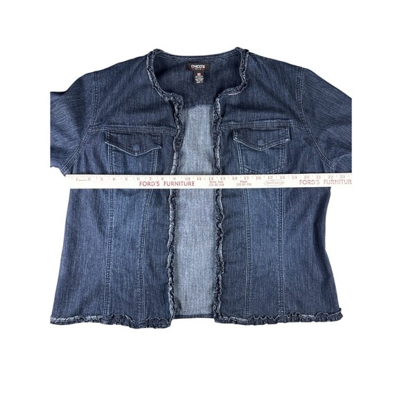 Chico’s Denim Jacket Size 2 Dark Wash Open Front Ruffle Trim Hem Casual Layering - Picture 5 of 11